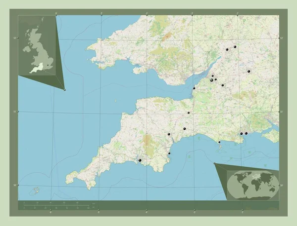 南西部 イギリスの地域 ストリートマップを開く 地域の主要都市の場所 コーナー補助位置図 — ストック写真