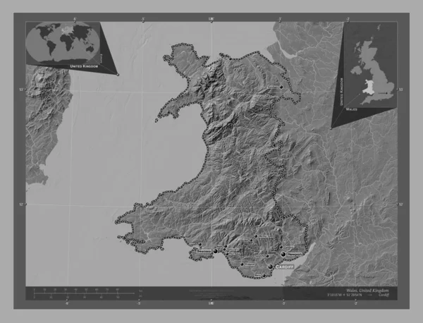Wales Region Spojeného Království Mapa Nadmořské Výšky Jezery Řekami Umístění — Stock fotografie