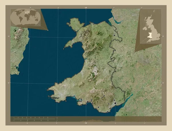 ウェールズ イギリスの地域 高解像度衛星地図 地域の主要都市の場所 コーナー補助位置図 — ストック写真