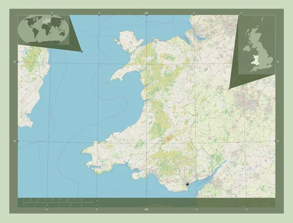 Wales Region United Kingdom 开放街道地图 角辅助位置图 — 图库照片