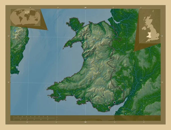 Wales Region United Kingdom 有湖泊和河流的彩色高程图 该区域主要城市的所在地点 角辅助位置图 — 图库照片