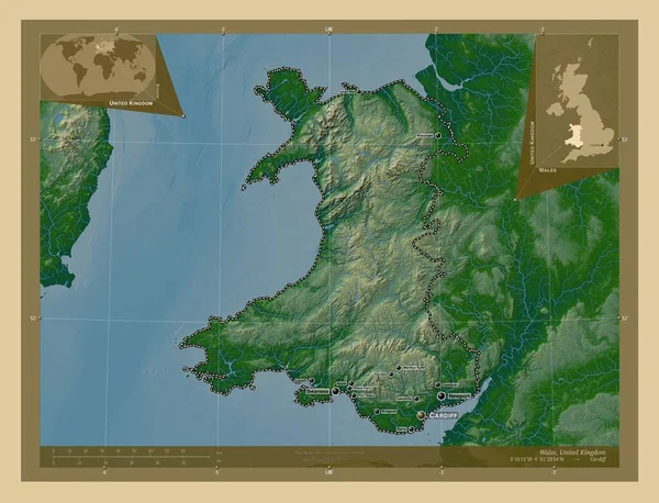 ウェールズ イギリスの地域 湖や川と色の標高マップ 地域の主要都市の位置と名前 コーナー補助位置図 — ストック写真