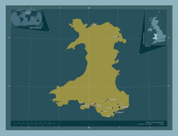 Wales Region United Kingdom 固体的颜色形状 该区域主要城市的地点和名称 角辅助位置图 — 图库照片