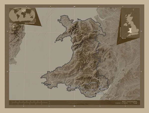 Wales Regio Van Het Verenigd Koninkrijk Hoogtekaart Gekleurd Sepia Tinten — Stockfoto