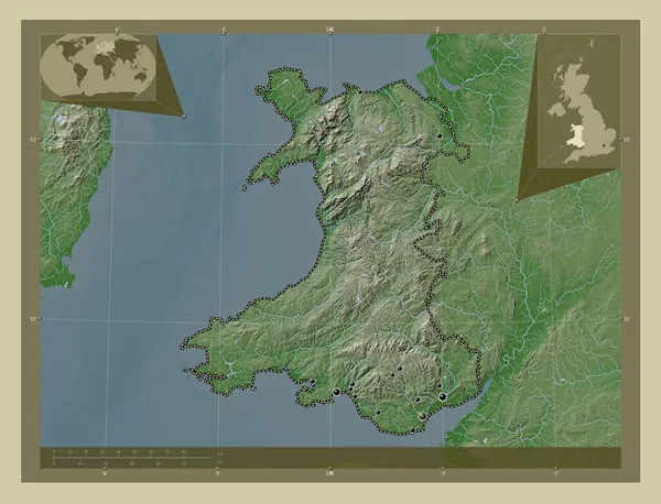 Wales Region United Kingdom 用Wiki风格绘制的带有湖泊和河流的高程地图 该区域主要城市的所在地点 角辅助位置图 — 图库照片