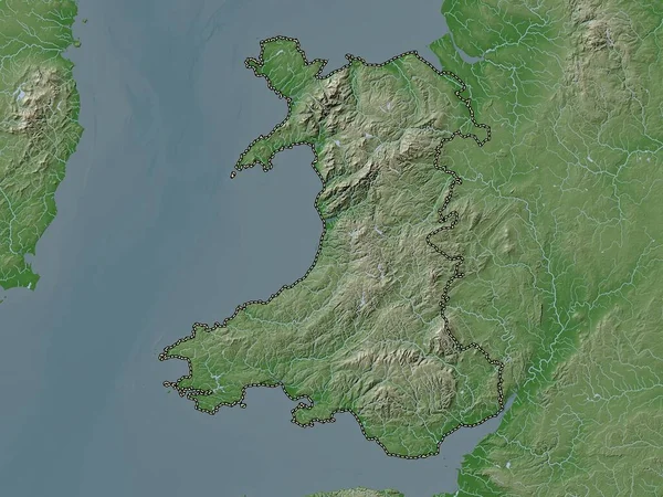Wales Region United Kingdom 带有湖泊和河流的Wiki风格的高程图 — 图库照片