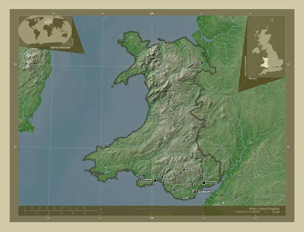 Wales Region United Kingdom 用Wiki风格绘制的带有湖泊和河流的高程地图 该区域主要城市的地点和名称 角辅助位置图 — 图库照片