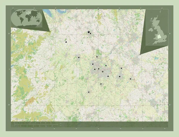 西ミッドランド イギリスの地域 ストリートマップを開く 地域の主要都市の場所 コーナー補助位置図 — ストック写真