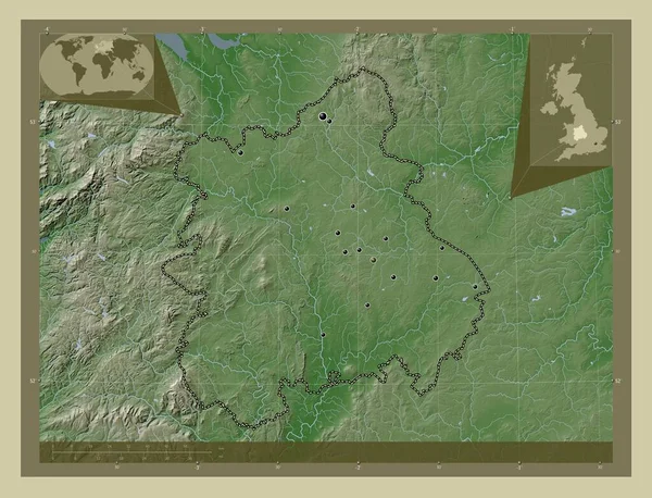 西ミッドランド イギリスの地域 湖や川とWikiスタイルで着色された標高マップ 地域の主要都市の場所 コーナー補助位置図 — ストック写真
