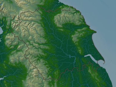 Yorkshire ve Humber, Birleşik Krallık bölgesi. Gölleri ve nehirleri olan renkli yükseklik haritası