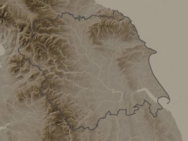 Yorkshire ve Humber, Birleşik Krallık bölgesi. Yükseklik haritası sepya tonlarında göller ve nehirlerle renklendirilmiş