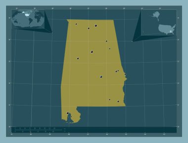 Alabama, Amerika Birleşik Devletleri. Katı renk şekli. Bölgenin büyük şehirlerinin yerleri. Köşedeki yedek konum haritaları