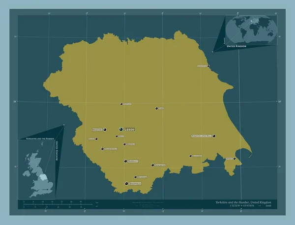 ヨークシャーとハンバー イギリスの地域 しっかりした色の形 地域の主要都市の位置と名前 コーナー補助位置図 — ストック写真