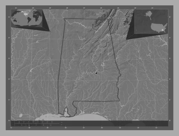 Alabama Stan Stany Zjednoczone Ameryki Dwupoziomowa Mapa Jeziorami Rzekami Pomocnicze — Zdjęcie stockowe