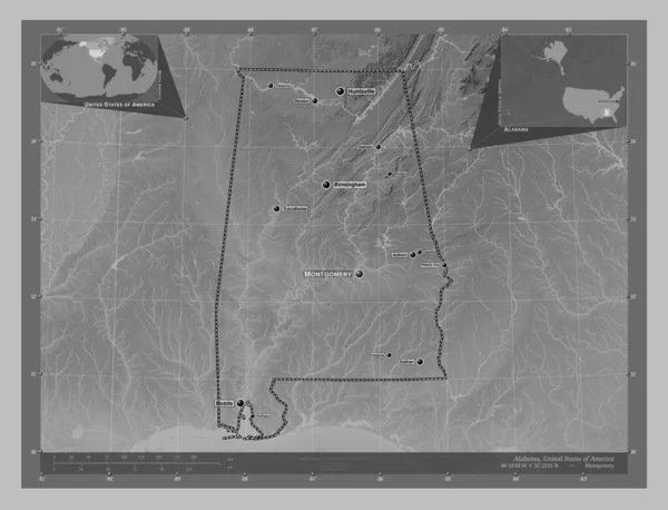 Alabama Stan Stany Zjednoczone Ameryki Mapa Wzniesień Skali Szarości Jeziorami — Zdjęcie stockowe