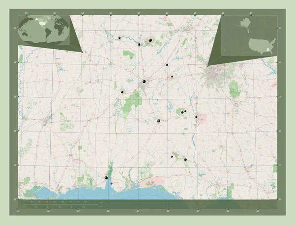 アラバマ州 アメリカ合衆国の州 ストリートマップを開く 地域の主要都市の場所 コーナー補助位置図 — ストック写真