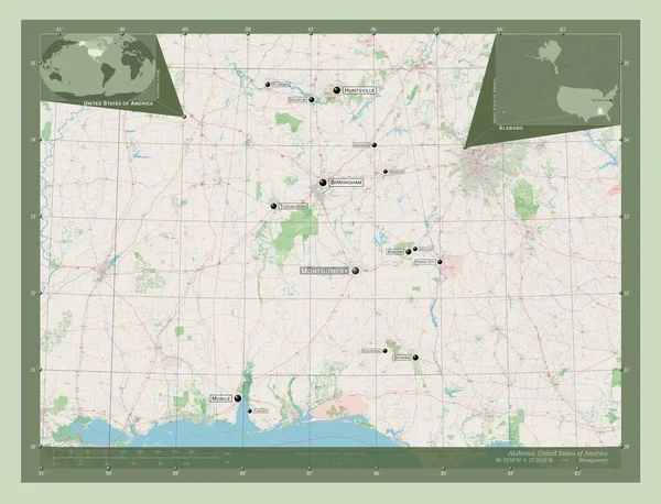 美国阿拉巴马州 开放街道地图 该区域主要城市的地点和名称 角辅助位置图 — 图库照片
