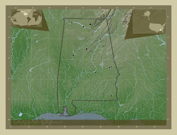 アラバマ州 アメリカ合衆国の州 湖や川とWikiスタイルで着色された標高マップ 地域の主要都市の場所 コーナー補助位置図 — ストック写真