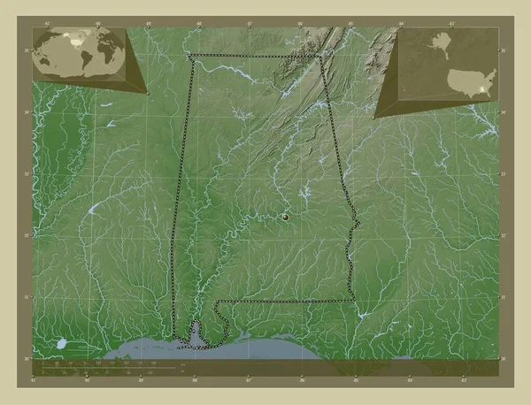 アラバマ州 アメリカ合衆国の州 湖や川とWikiスタイルで着色された標高マップ コーナー補助位置図 — ストック写真