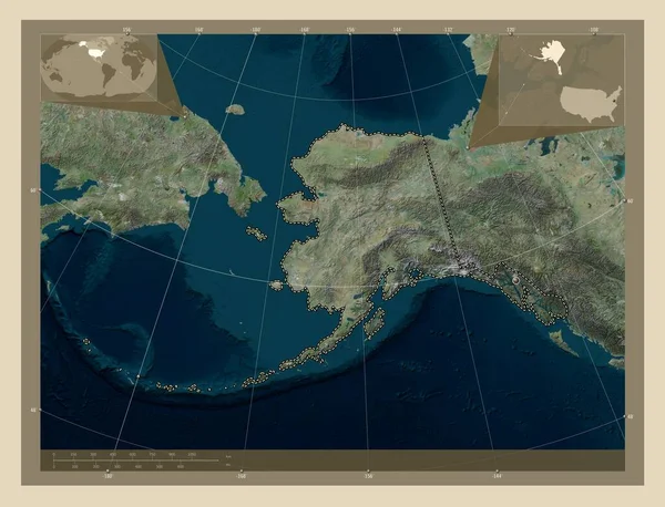 アラスカ アメリカ合衆国の州 高解像度衛星地図 コーナー補助位置図 — ストック写真