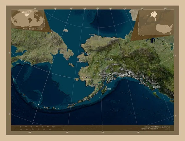 アラスカ アメリカ合衆国の州 低解像度衛星地図 地域の主要都市の位置と名前 コーナー補助位置図 — ストック写真