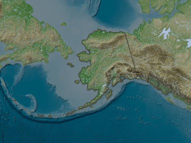 Alaska, Amerika Birleşik Devletleri. Yükseklik haritası göller ve nehirlerle wiki stilinde renklendirilmiştir
