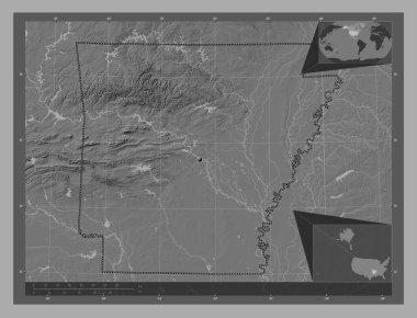 Arkansas, Amerika Birleşik Devletleri. Göllü ve nehirli çift katlı yükseklik haritası. Köşedeki yedek konum haritaları