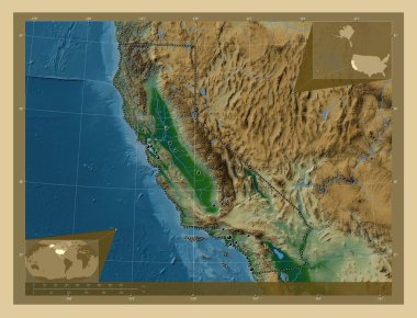 California, state of United States of America. Colored elevation map with lakes and rivers. Locations of major cities of the region. Corner auxiliary location maps clipart