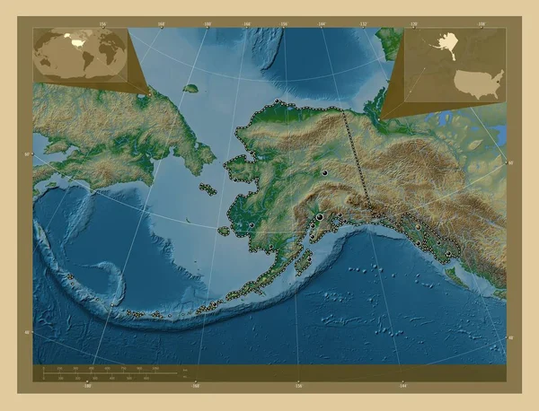 美国阿拉斯加州 有湖泊和河流的彩色高程图 该区域主要城市的所在地点 角辅助位置图 — 图库照片