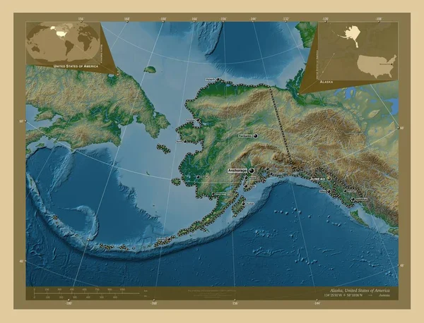 Alaska Estado Los Estados Unidos América Mapa Elevación Colores Con —  Fotos de Stock
