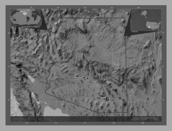 Arizona Verenigde Staten Van Amerika Hoogteplattegrond Met Meren Rivieren Locaties — Stockfoto