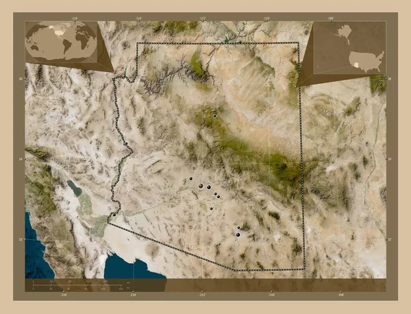 美国亚利桑那州亚利桑那州Arizona State America 低分辨率卫星地图 该区域主要城市的所在地点 角辅助位置图 — 图库照片