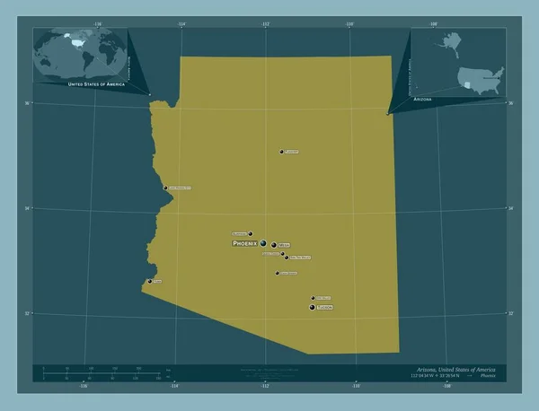 美国亚利桑那州亚利桑那州Arizona State America 固体的颜色形状 该区域主要城市的地点和名称 角辅助位置图 — 图库照片