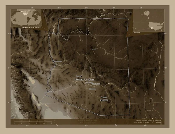 Αριζόνα Πολιτεία Ηνωμένων Πολιτειών Της Αμερικής Υψόμετρο Χάρτη Χρωματισμένο Τόνους — Φωτογραφία Αρχείου