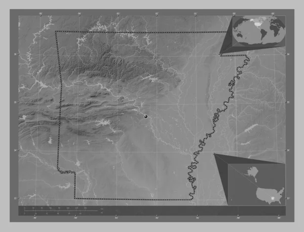 阿肯色州 美利坚合众国 带有湖泊和河流的灰度高程图 角辅助位置图 — 图库照片