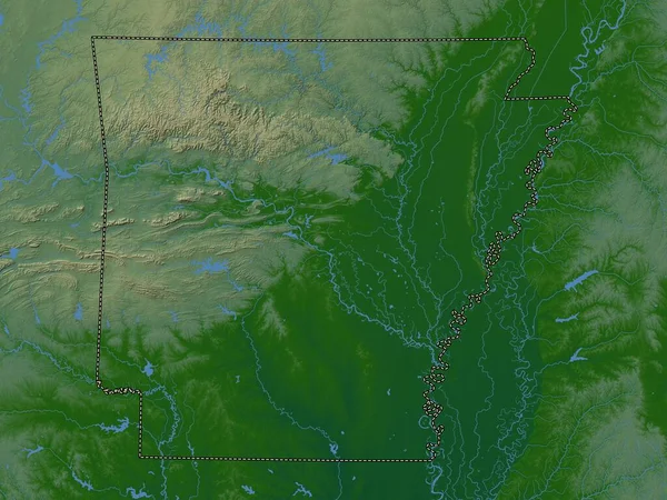 Арканзас Штат Соединенные Штаты Америки Цветная Карта Высот Озерами Реками — стоковое фото