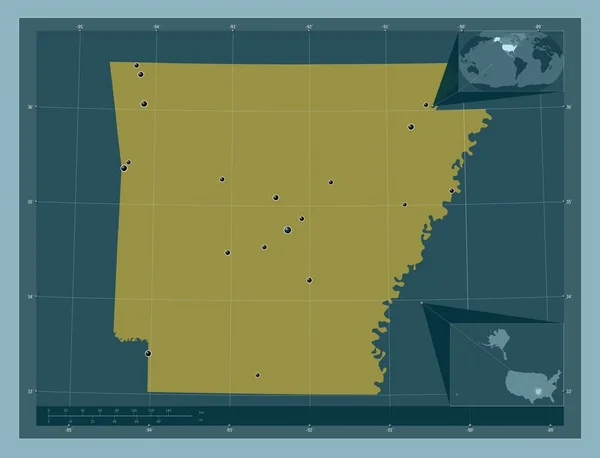 アーカンソー州 アメリカ合衆国の州 しっかりした色の形 地域の主要都市の場所 コーナー補助位置図 — ストック写真