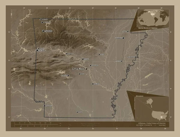 Arkansas Amerika Birleşik Devletleri Yükseklik Haritası Sepya Tonlarında Göller Nehirlerle — Stok fotoğraf