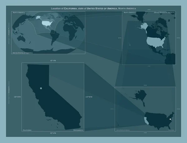 Kalifornia Stany Zjednoczone Ameryki Schemat Przedstawiający Położenie Regionu Mapach Większą — Zdjęcie stockowe