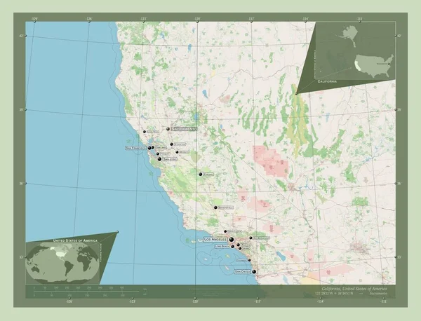 カリフォルニア州 アメリカ合衆国の州 ストリートマップを開く 地域の主要都市の位置と名前 コーナー補助位置図 — ストック写真