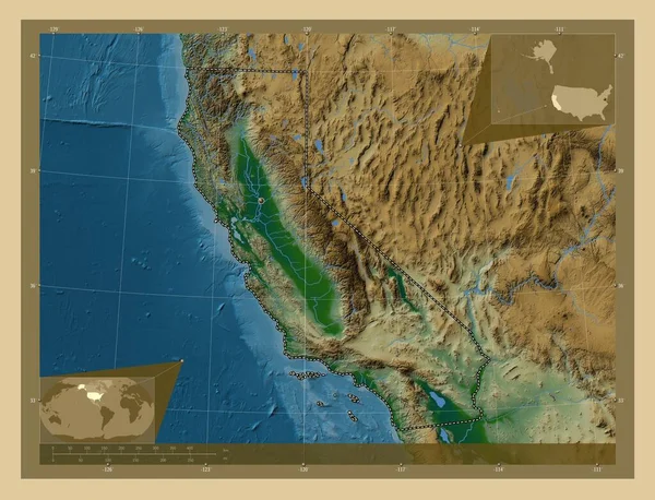 Kalifornia Stany Zjednoczone Ameryki Kolorowa Mapa Wzniesień Jeziorami Rzekami Pomocnicze — Zdjęcie stockowe