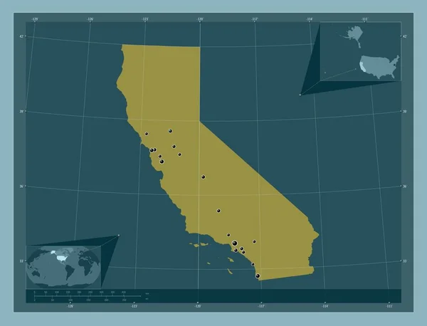 加利福尼亚 美利坚合众国的一个州 固体的颜色形状 该区域主要城市的所在地点 角辅助位置图 — 图库照片