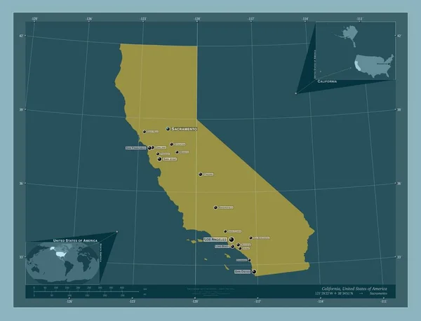 加利福尼亚 美利坚合众国的一个州 固体的颜色形状 该区域主要城市的地点和名称 角辅助位置图 — 图库照片