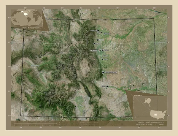 コロラド州 アメリカ合衆国の州 高解像度衛星地図 地域の主要都市の位置と名前 コーナー補助位置図 — ストック写真