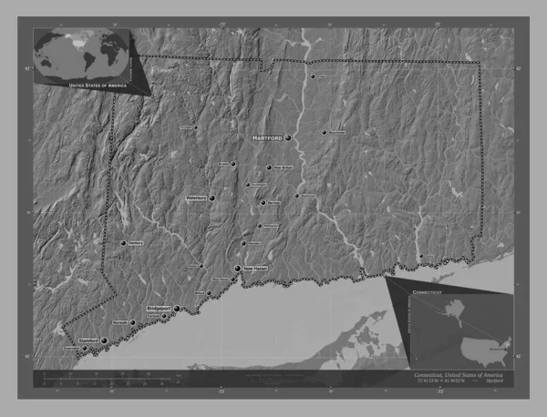 Connecticut Stan Stany Zjednoczone Ameryki Dwupoziomowa Mapa Jeziorami Rzekami Lokalizacje — Zdjęcie stockowe