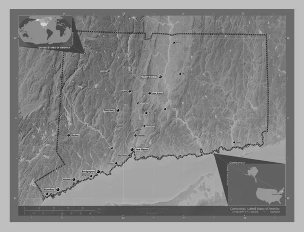 Connecticut Amerikai Egyesült Államok Szürkeárnyas Térkép Tavakkal Folyókkal Régió Nagyvárosainak — Stock Fotó