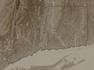 Connecticut, Amerika Birleşik Devletleri. Yükseklik haritası sepya tonlarında göller ve nehirlerle renklendirilmiş