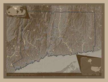 Connecticut, Amerika Birleşik Devletleri. Yükseklik haritası sepya tonlarında göller ve nehirlerle renklendirilmiş. Bölgenin büyük şehirlerinin yerleri ve isimleri. Köşedeki yedek konum haritaları