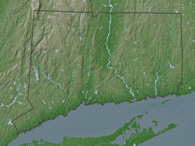 Connecticut, Amerika Birleşik Devletleri. Yükseklik haritası göller ve nehirlerle wiki stilinde renklendirilmiştir