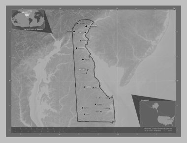 Delaware, Amerika Birleşik Devletleri. Gölleri ve nehirleri olan gri tonlama yükseklik haritası. Bölgenin büyük şehirlerinin yerleri ve isimleri. Köşedeki yedek konum haritaları